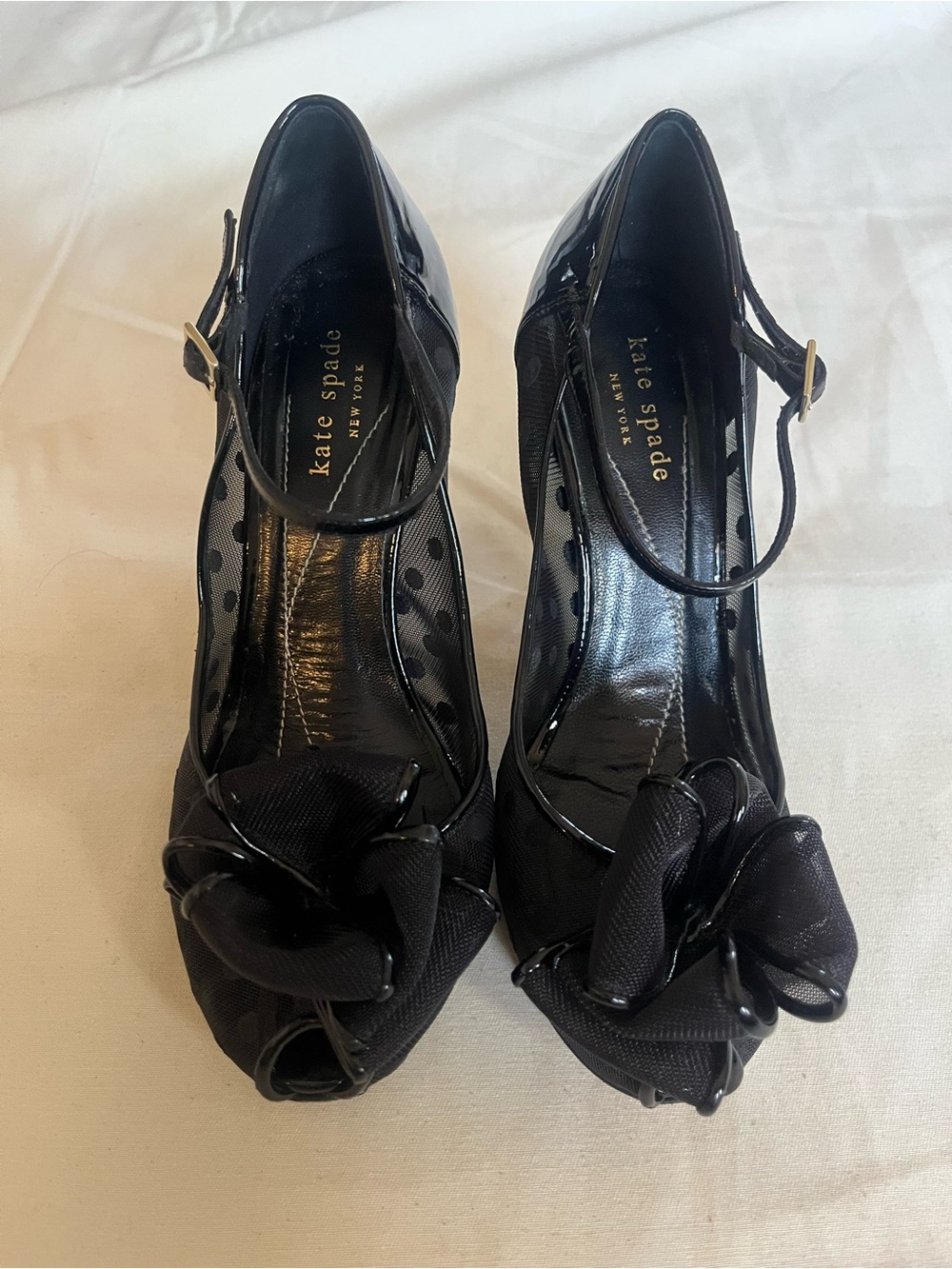 Vintage Kate spade Black Patent Peep-Toe Ankle-Strap Heels with Fabric Bow.Size7